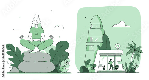 Serene Woman Meditating in Nature with Modern Building in Background