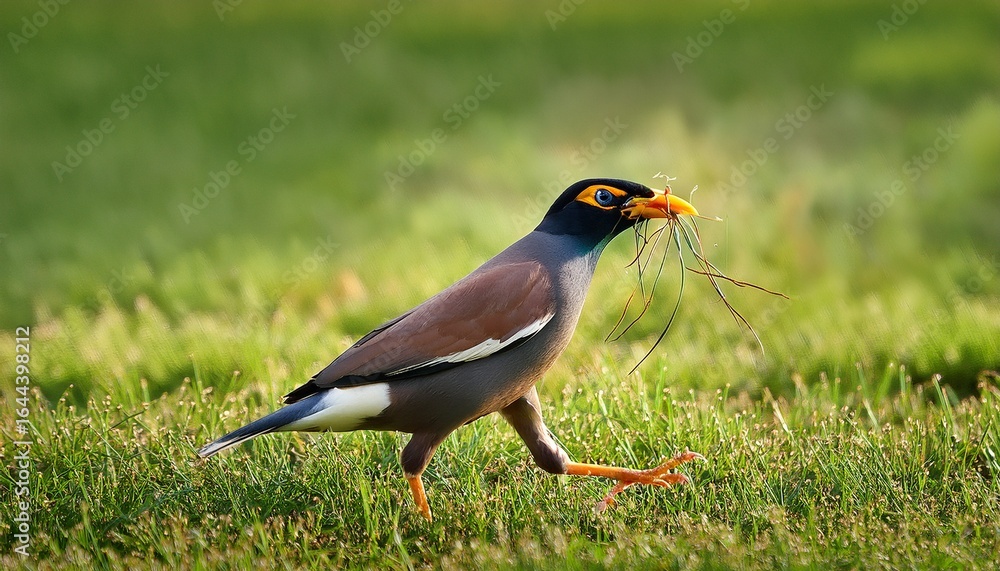 Fototapeta premium javan myna starling carrying small objects in its beak while perching on grassy ground
