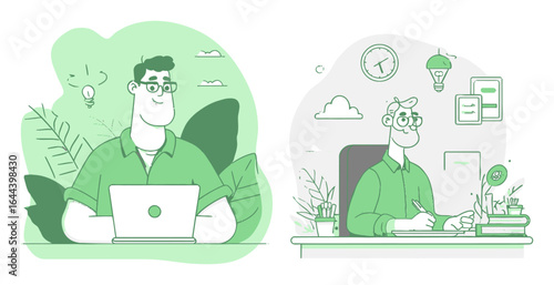 Minimalist Cartoon Illustration of Young Man Working at Desk and Laptop