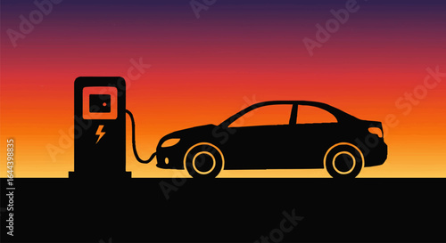 Electric Car Charging at Station Silhouette