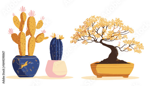 Colorful Illustration of Cacti and Bonsai Trees in Decorative Pots