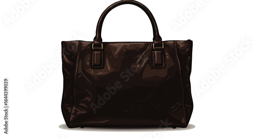 Elegant dark brown leather tote bag with a shiny, creased texture and top handles.