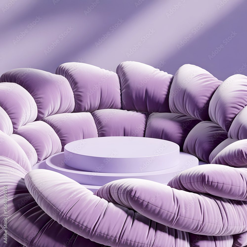 Fototapeta premium A soft, dreamy 3D scene with a central circular podium in light lavender