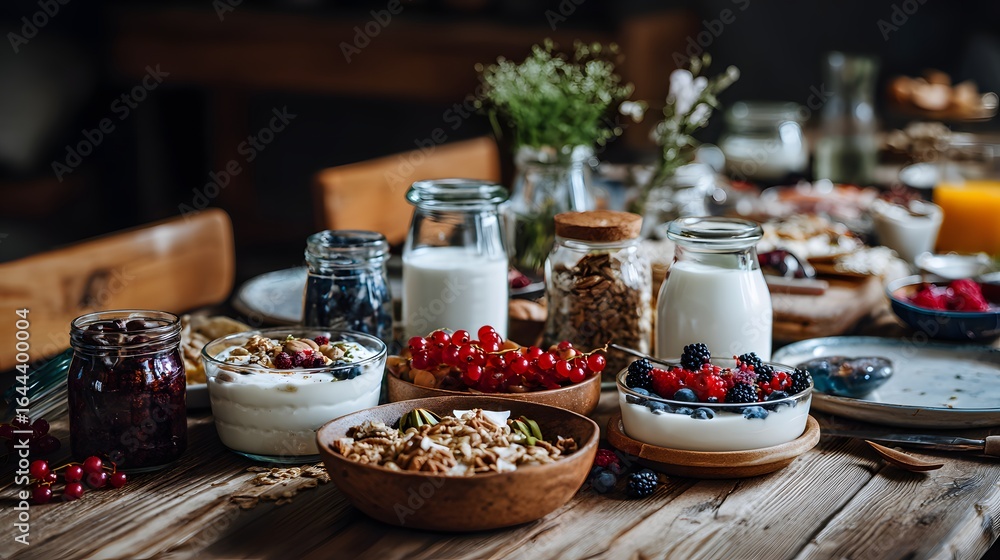 Naklejka premium Breakfast spread on a rustic wooden table.