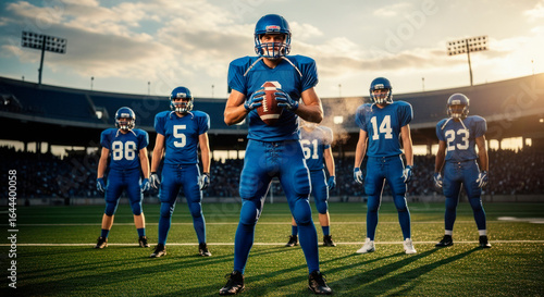 Confident American Football Player on Stadium Field at Sunset