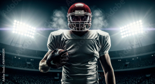 Confident American Football Player on Stadium Field at Sunset