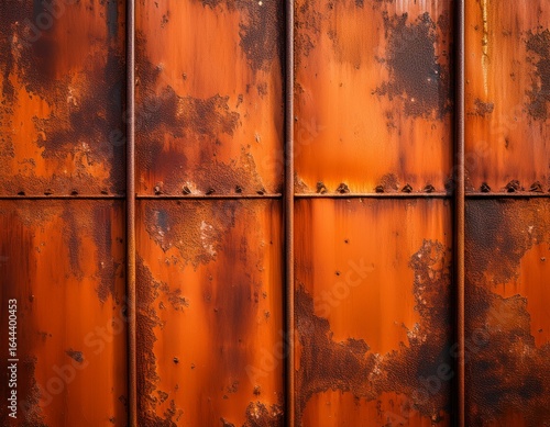 close up of an aged metal wall with rusty orange panels