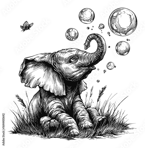 Engraving of a Hand-Drawn Baby Elephant Playing with Bubbles in Grass