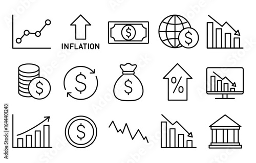 Economic trends icons: inflation, growth, and global market indicators in outline style