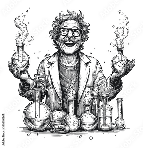 Hand-Drawn Engraving of Eccentric Scientist with Laboratory Equipment