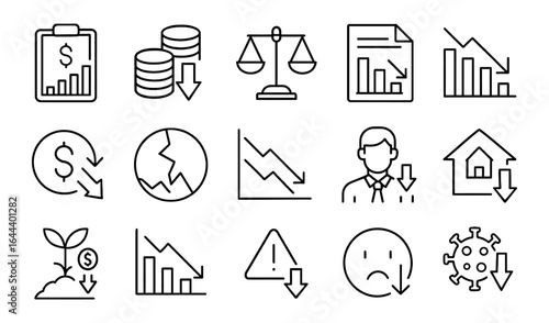 Economic crisis icon set: financial symbols and trends in simple line art style