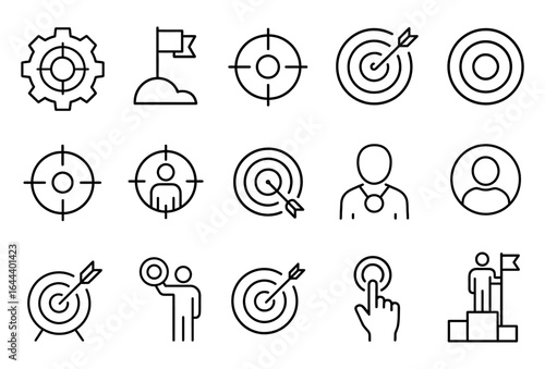 Minimalist linear icons of targets, goals, and achievements