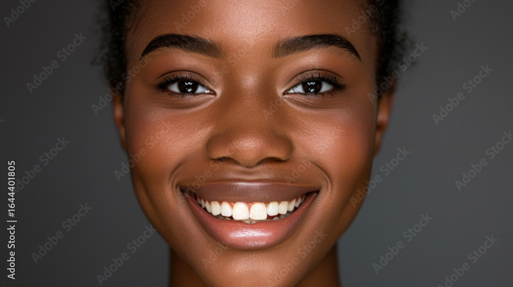 Close up portrait of smiling young woman with dark skin and natural hair, showcasing her radiant smile and bright eyes. background is softly blurred, emphasizing her joyful expression Close up portrait of smiling young woman with dark skin and natural hair, showcasing her radiant smile and bright eyes. background is softly blurred, emphasizing her joyful expression
