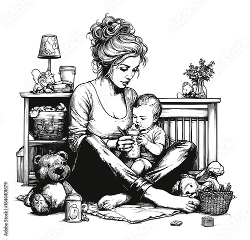 Hand-Drawn Engraving of a Mother Feeding Her Baby in a Cozy Nursery Setting