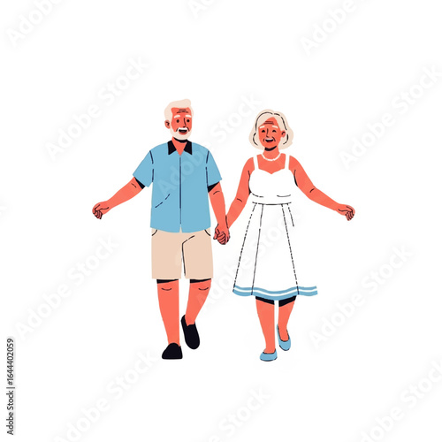 An elderly couple, a man and a woman, are holding hands and walking together with smiles on their faces.