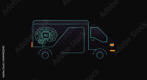 Futuristic autonomous delivery truck with a glowing cyan AI circuit brain logo.