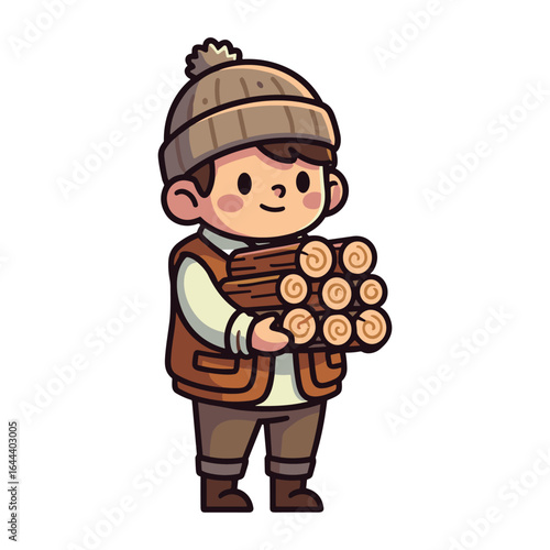 Cartoon boy carrying firewood for winter heating illustration vector design cute and adorable