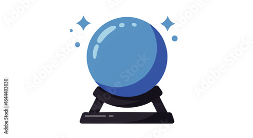 Glossy Blue Magic Crystal Ball on Dark Stand with Sparkles, Flat Illustration Style
