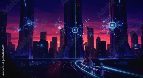 Futuristic cityscape with glowing AI microchips on skyscrapers and an autonomous car on a neon-lit highway.