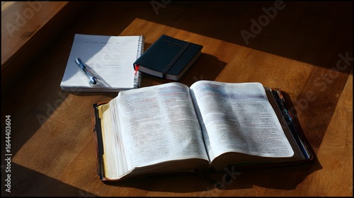 Open bible and notebooks on a wooden surface.