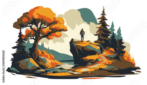 Adventurous Mountain Biker and Peaceful Nature Observer in Vibrant Landscape