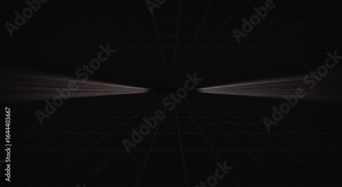Futuristic dark grid corridor with glowing light beams receding into a vanishing point.