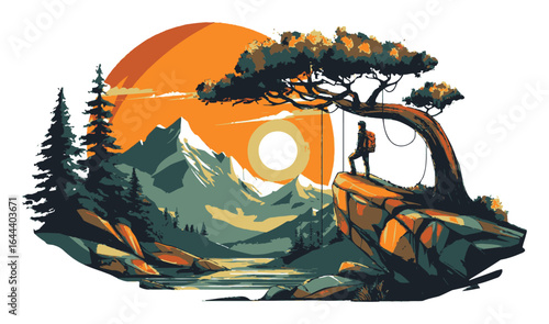 Scenic Adventure with Hot Air Balloon and Hiker in Nature Landscape