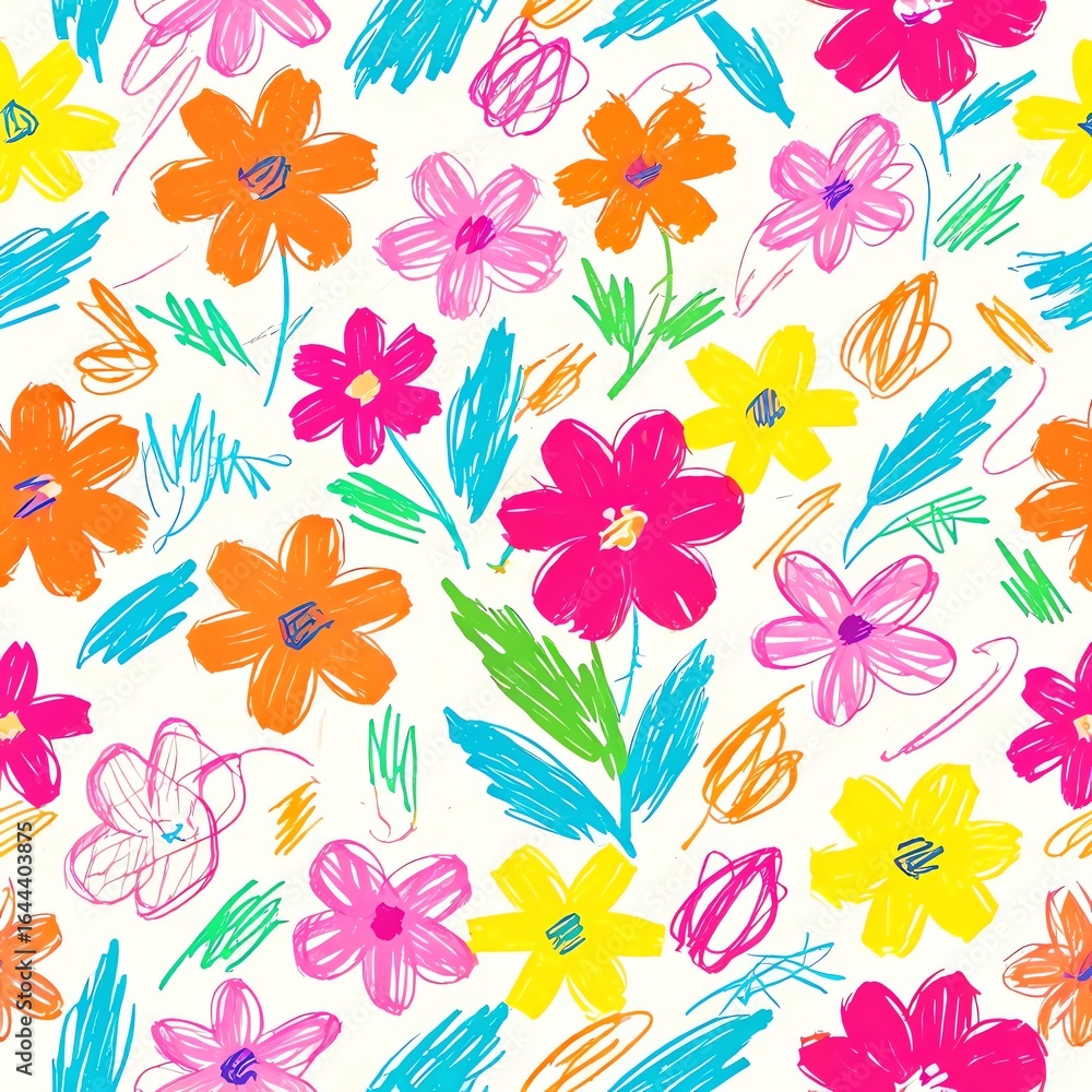 Vibrant Hand-Drawn Floral Pattern: A Joyful Burst of Color Vibrant Hand-Drawn Floral Pattern: A Joyful Burst of Color
