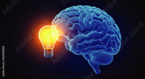 Glowing Light Bulb Illuminating a Blue Human Brain Model
