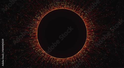 Futuristic digital singularity with a glowing orange event horizon and radiating circuit pathways.