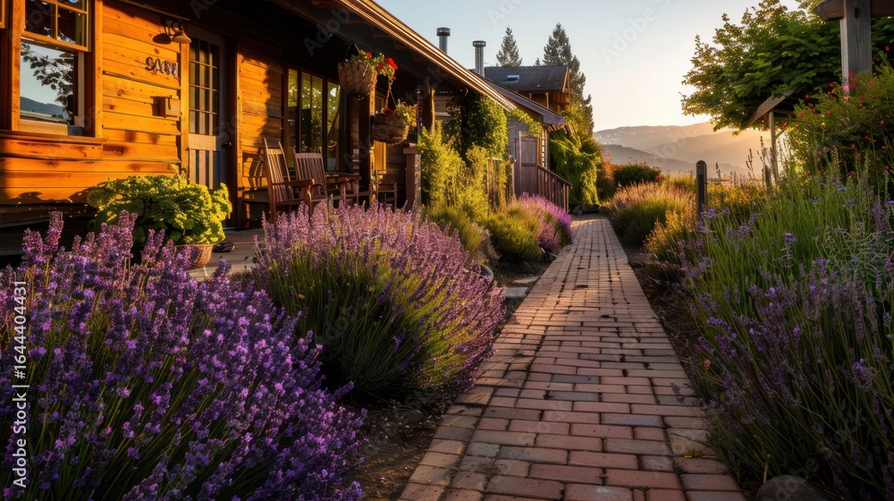 Fototapeta premium Picturesque pathway lined with vibrant lavender flowers leads to charming wooden house, bathed in warm sunlight. serene atmosphere evokes sense of tranquility and beauty