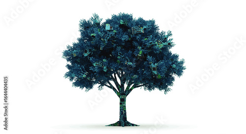 Futuristic digital tree with a circuit board trunk and teal foliage integrated with microchips.