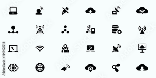 Networking & Connectivity Line Art Vector Icons — Wi-Fi, VPN, Ethernet, Signal Towers, Network Security, and Communication Technology Symbols

