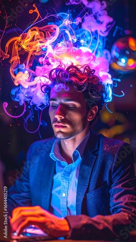 illustration of a young entrepreneur who has a cloud of smoke in the form of brillian 6
