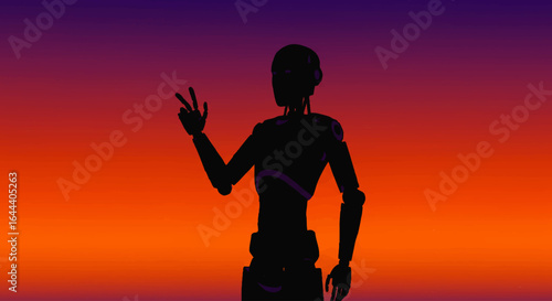 Futuristic humanoid robot silhouette with purple details making a peace sign gesture.