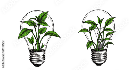 Hand-drawn sketch of green plants growing inside two incandescent lightbulbs.
