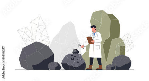 Illustration of a geologist examining rocks, suitable for educational and scientific purposes highlighting research and exploration of earth sciences