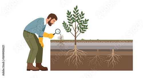 Illustration of a botanist examining plant roots with a magnifying glass and soil layers for science education and environmental studies