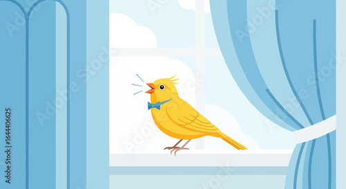 Illustration of a singing canary with a bow tie perched on a windowsill near curtains