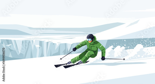 Illustration of a skier skiing down a slope in a winter landscape during daylight hours