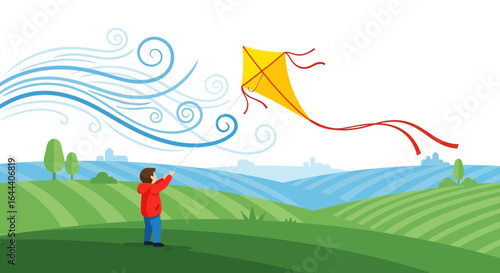 Illustration of a boy flying a kite in a vibrant green field with wind blowing enjoying outdoor activity in the countryside