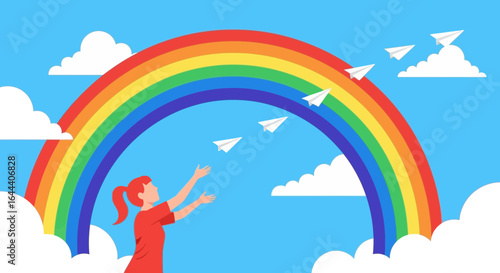 Illustration of a girl launching paper airplanes towards a vibrant rainbow sky