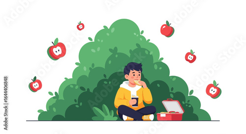 Illustration of a boy having a picnic in nature with apples in the background vector