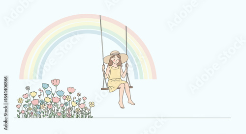 Illustration of a girl on a swing with rainbow and flowers representing carefree days and happiness