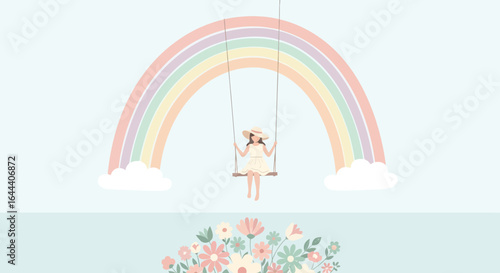 Illustration of a girl on a swing under a pastel rainbow with floral accents creating a whimsical and carefree atmosphere