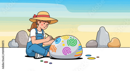 Illustration of a girl painting a rock with colorful designs in an outdoor setting artful creation