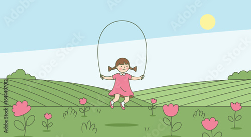 Illustration of a girl skipping rope in a field of flowers under a sunny sky creating a happy and active scene