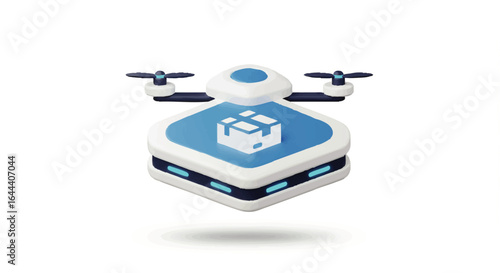 Futuristic white and blue delivery drone with a package icon and glowing lights.