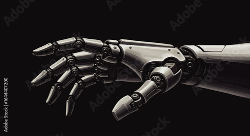 Highly detailed metallic robotic hand with articulated fingers and complex mechanical joints.