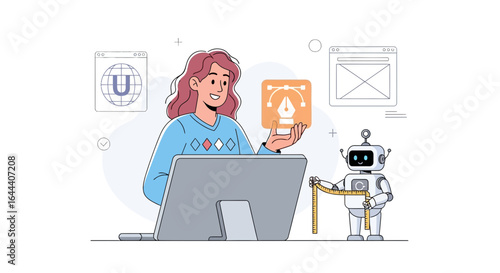 Illustration of a graphic designer with a robot, symbolizing AI assistance in design workflows for the digital era